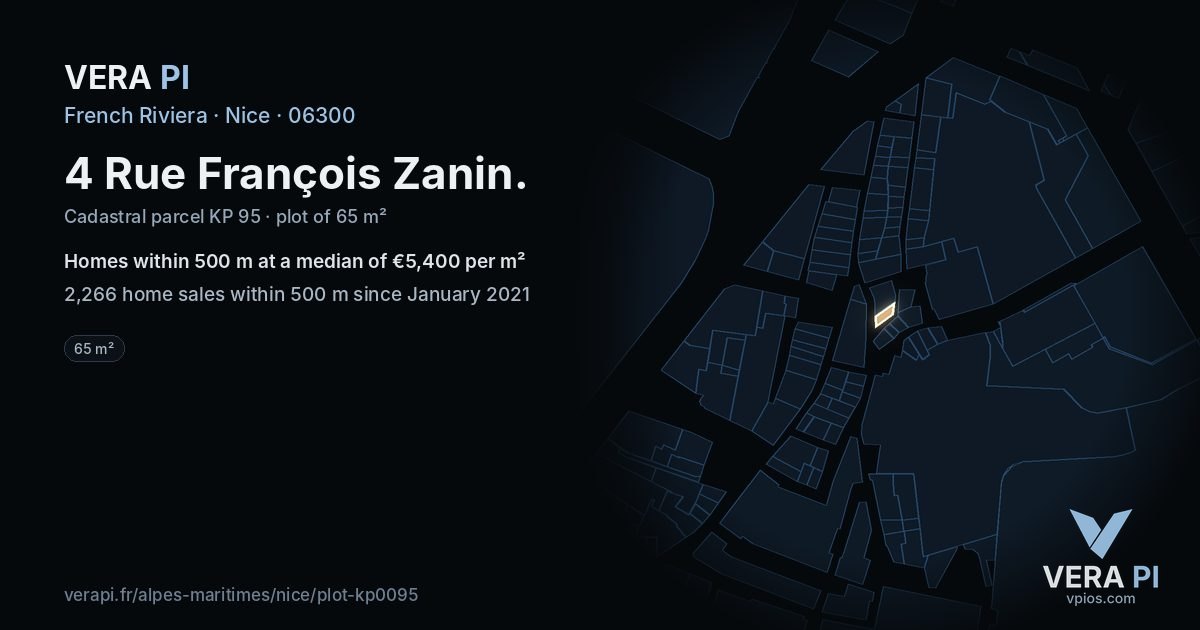 4 Rue François Zanin, Nice at night – the plot lit, the parcels around coloured by the prices near them
