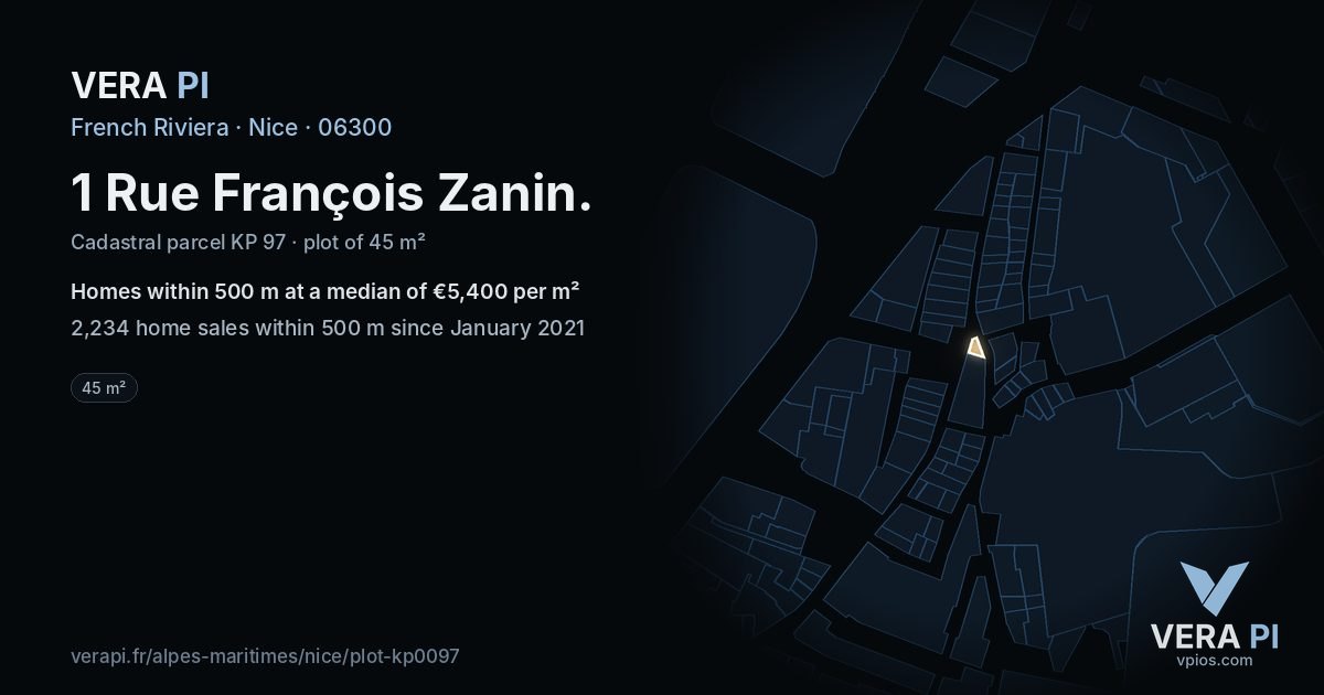 1 Rue François Zanin, Nice at night – the plot lit, the parcels around coloured by the prices near them