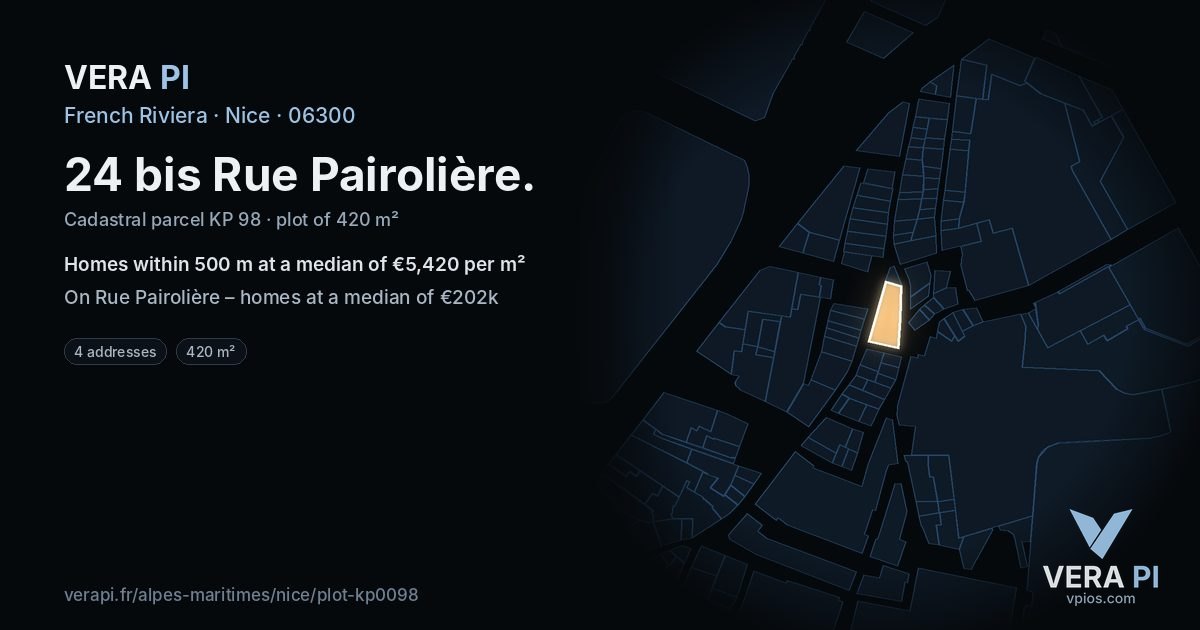 24 bis Rue Pairolière, Nice at night – the plot lit, the parcels around coloured by the prices near them