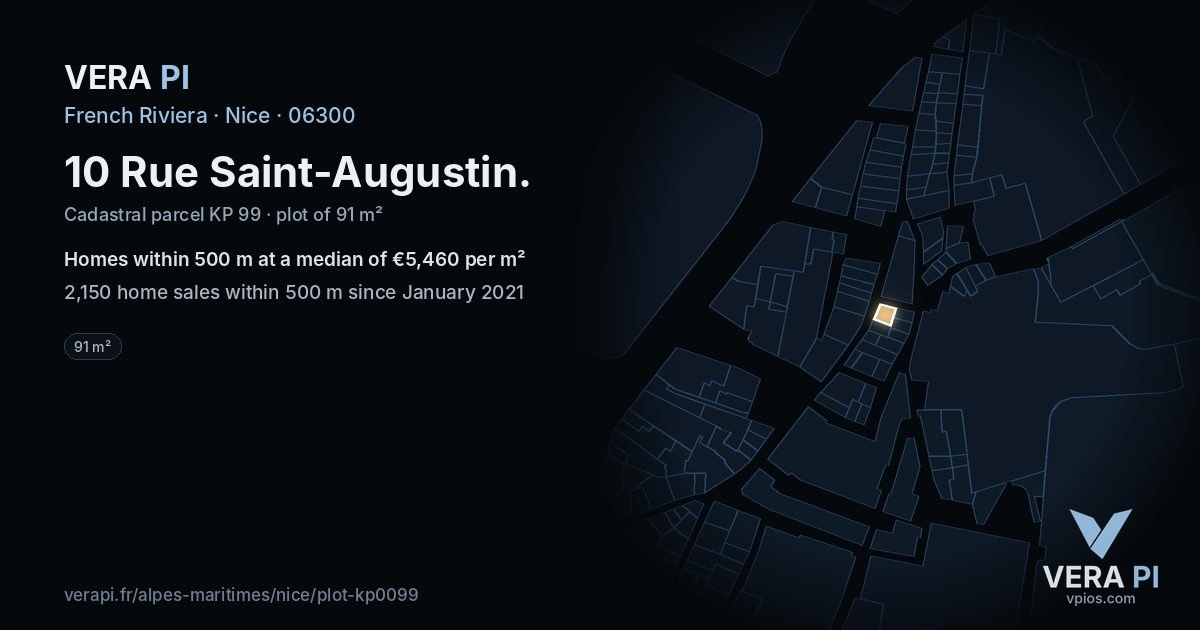 10 Rue Saint-Augustin, Nice at night – the plot lit, the parcels around coloured by the prices near them