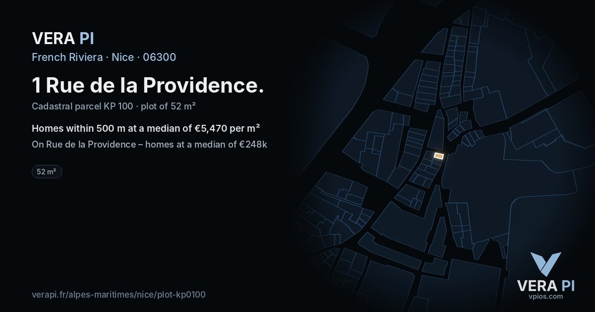 1 Rue de la Providence, Nice at night – the plot lit, the parcels around coloured by the prices near them