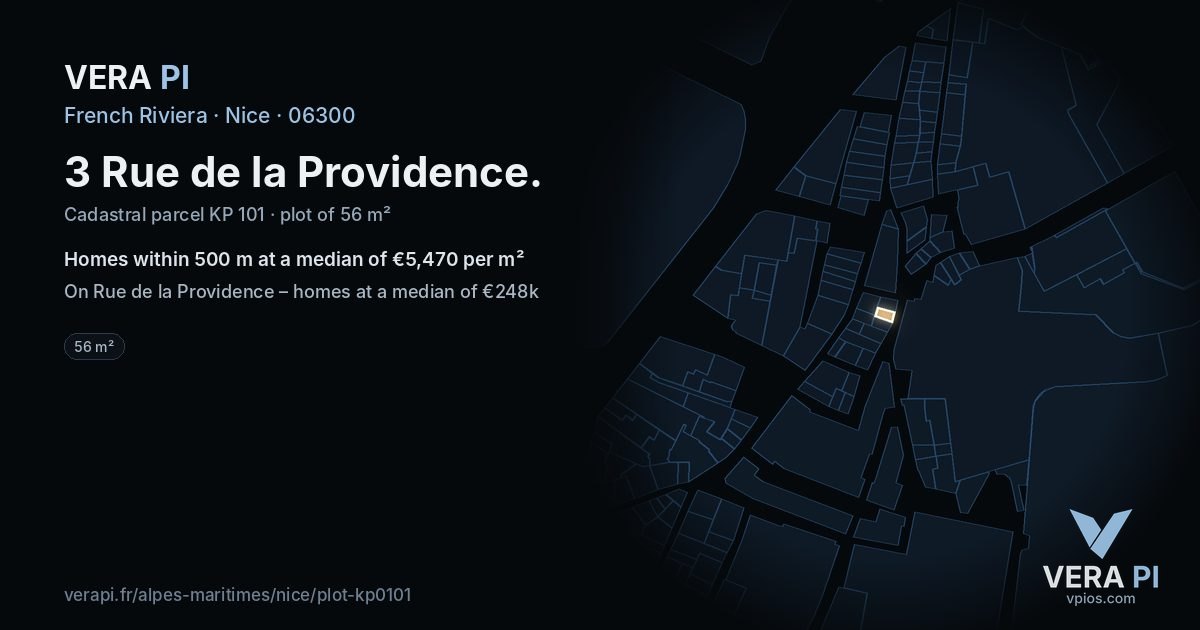 3 Rue de la Providence, Nice at night – the plot lit, the parcels around coloured by the prices near them