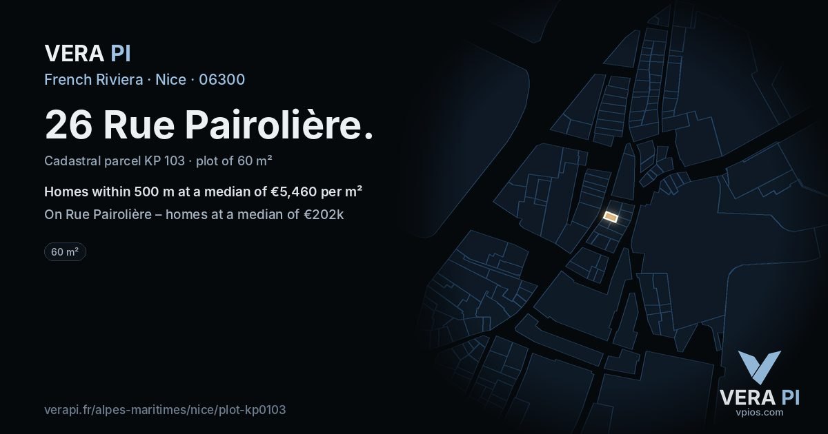 26 Rue Pairolière, Nice at night – the plot lit, the parcels around coloured by the prices near them