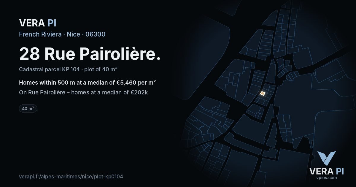 28 Rue Pairolière, Nice at night – the plot lit, the parcels around coloured by the prices near them