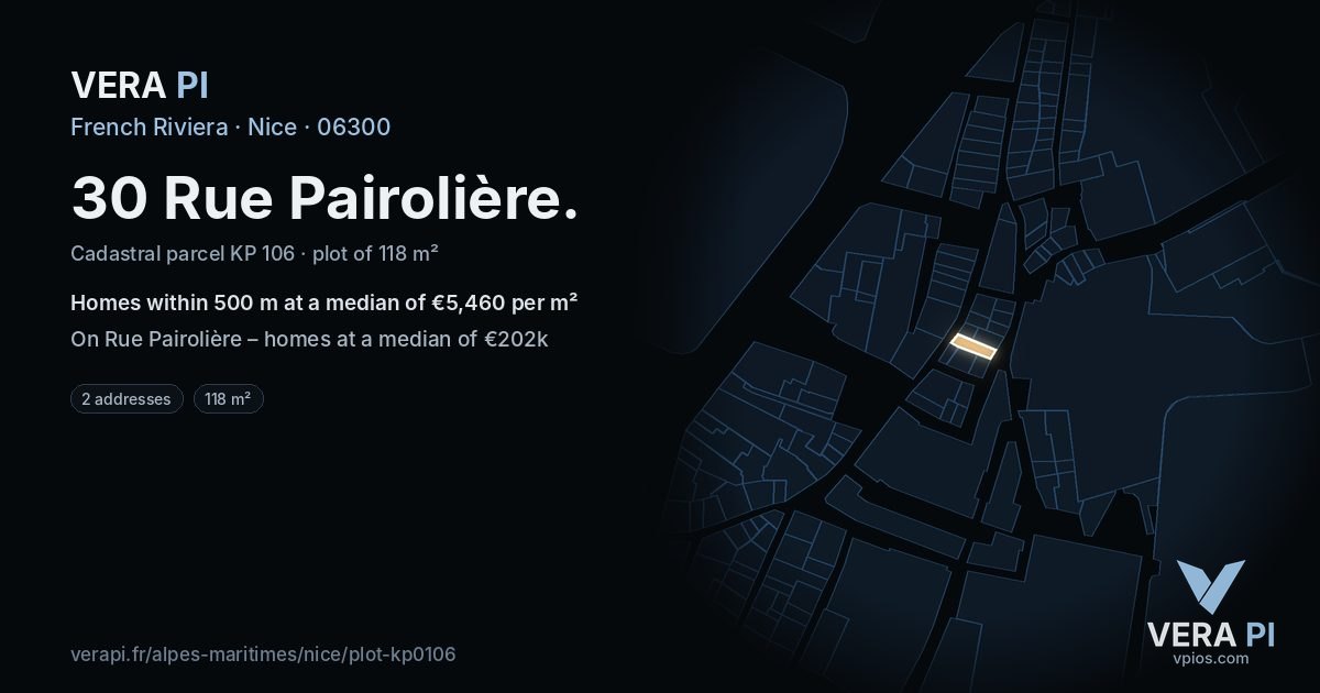 30 Rue Pairolière, Nice at night – the plot lit, the parcels around coloured by the prices near them