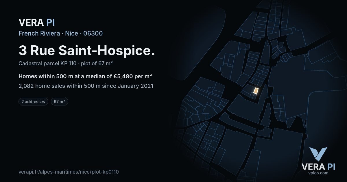 3 Rue Saint-Hospice, Nice at night – the plot lit, the parcels around coloured by the prices near them