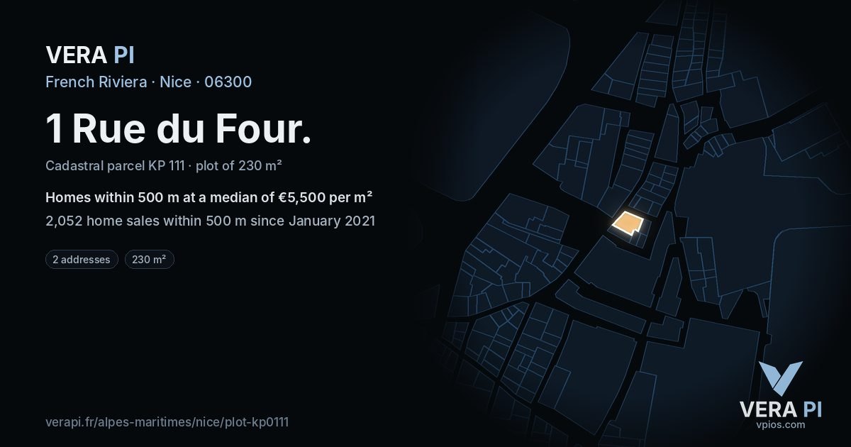 1 Rue du Four, Nice at night – the plot lit, the parcels around coloured by the prices near them