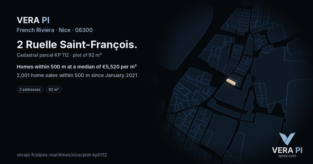 2 Ruelle Saint-François, Nice at night – the plot lit, the parcels around coloured by the prices near them