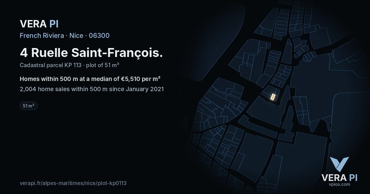 4 Ruelle Saint-François, Nice at night – the plot lit, the parcels around coloured by the prices near them