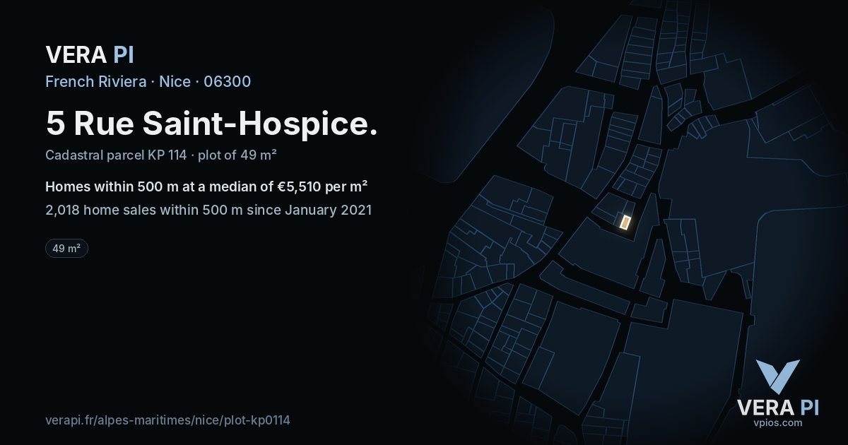 5 Rue Saint-Hospice, Nice at night – the plot lit, the parcels around coloured by the prices near them
