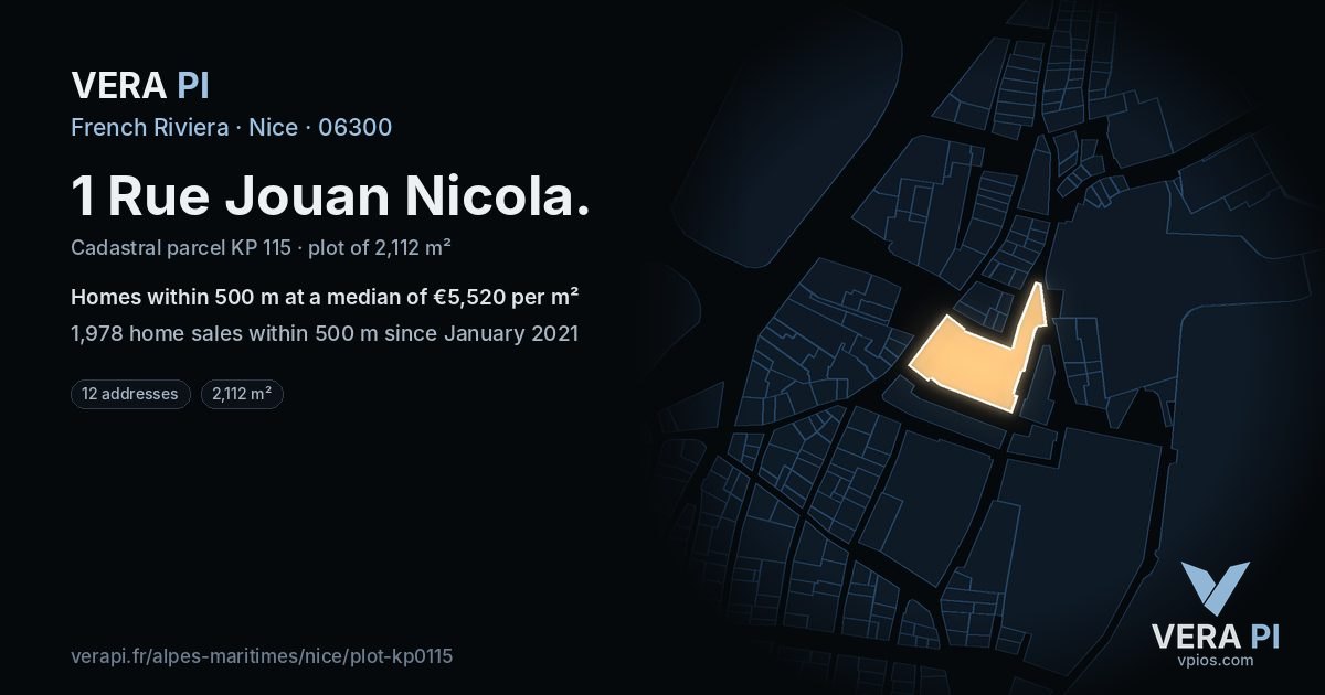 1 Rue Jouan Nicola, Nice at night – the plot lit, the parcels around coloured by the prices near them