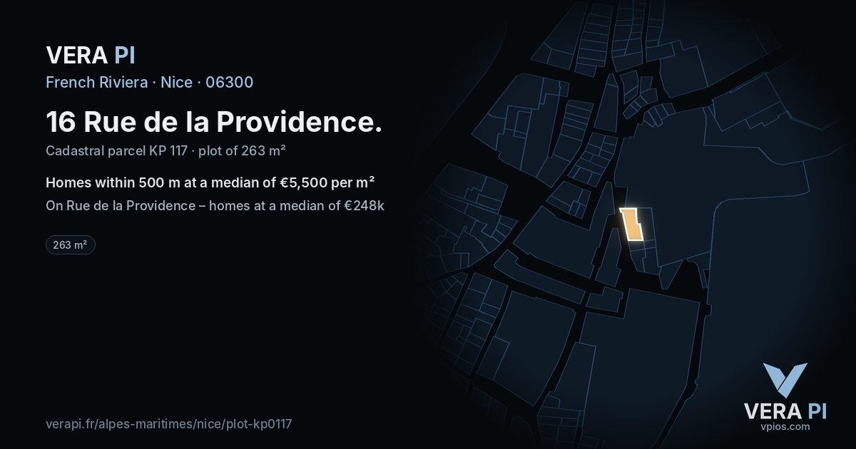 16 Rue de la Providence, Nice at night – the plot lit, the parcels around coloured by the prices near them