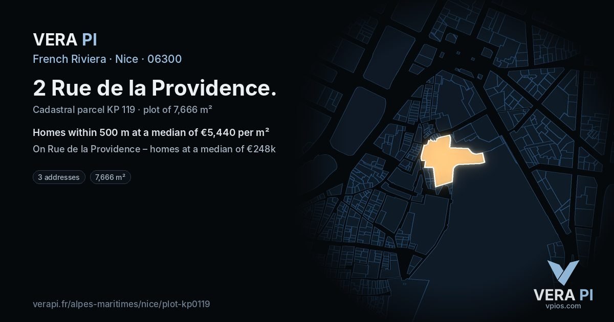 2 Rue de la Providence, Nice at night – the plot lit, the parcels around coloured by the prices near them