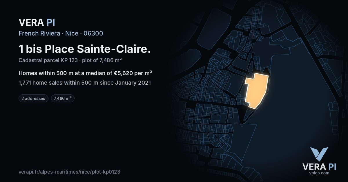 1 bis Place Sainte-Claire, Nice at night – the plot lit, the parcels around coloured by the prices near them