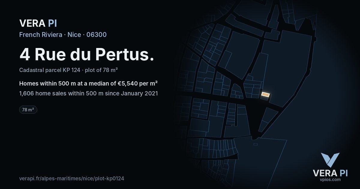 4 Rue du Pertus, Nice at night – the plot lit, the parcels around coloured by the prices near them