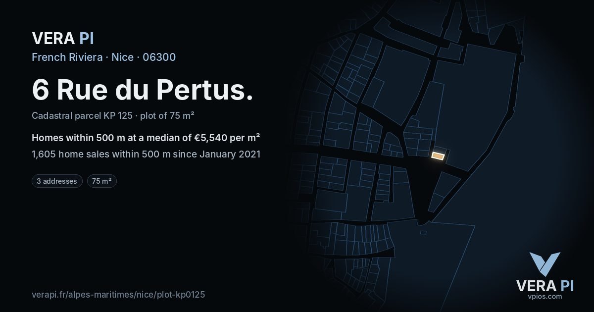 6 Rue du Pertus, Nice at night – the plot lit, the parcels around coloured by the prices near them