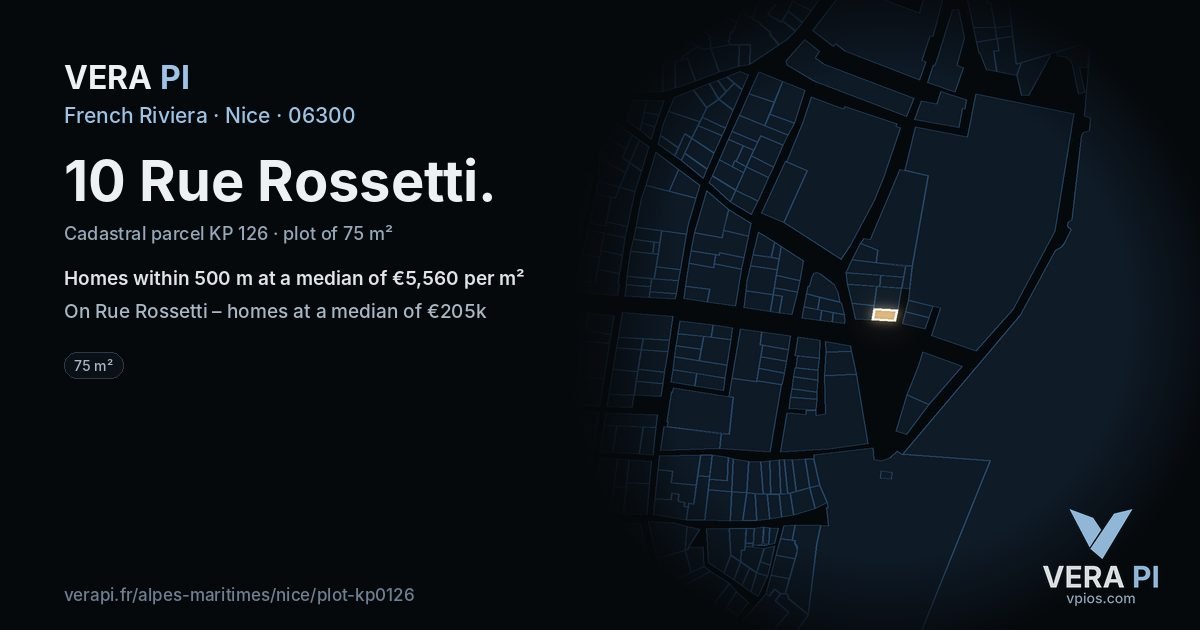 10 Rue Rossetti, Nice at night – the plot lit, the parcels around coloured by the prices near them