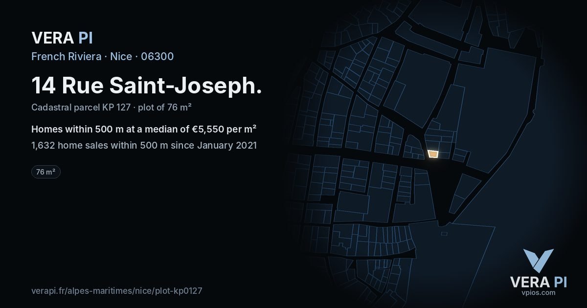 14 Rue Saint-Joseph, Nice at night – the plot lit, the parcels around coloured by the prices near them