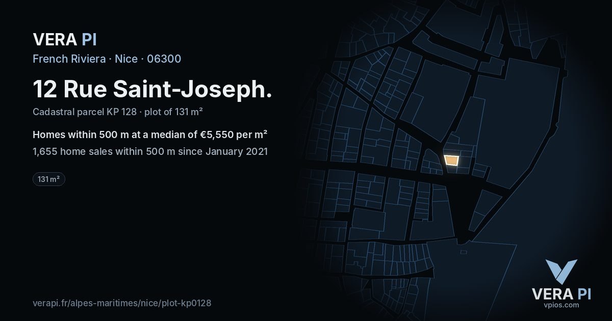 12 Rue Saint-Joseph, Nice at night – the plot lit, the parcels around coloured by the prices near them