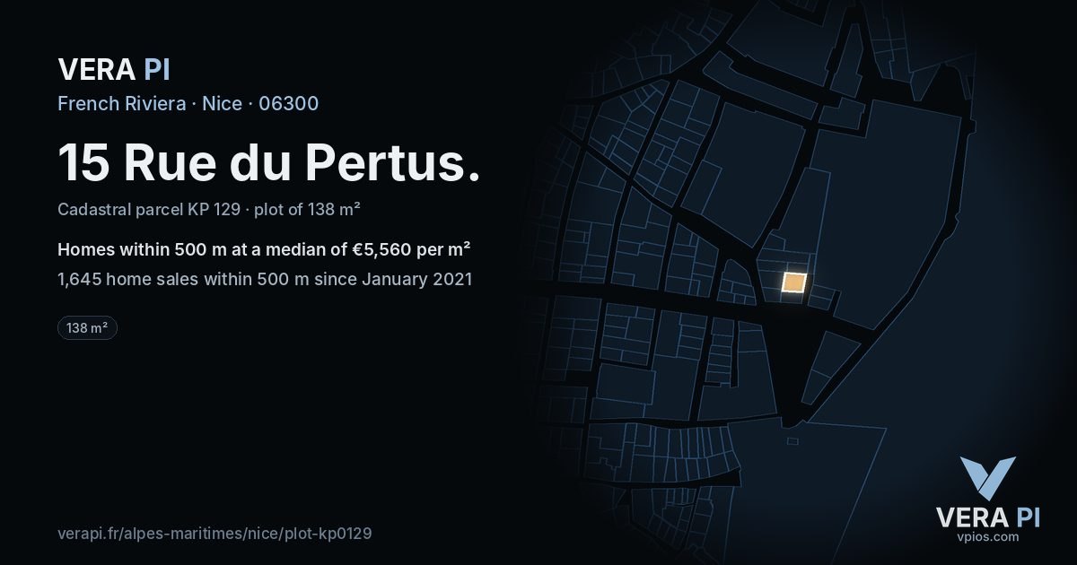 15 Rue du Pertus, Nice at night – the plot lit, the parcels around coloured by the prices near them