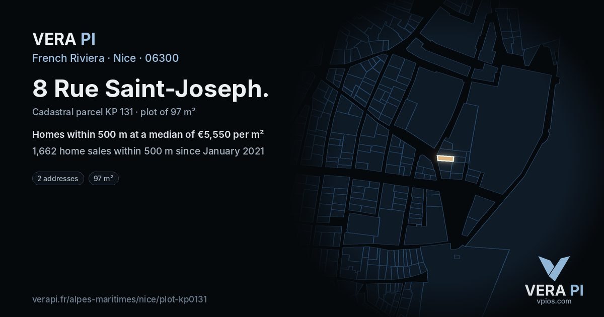 8 Rue Saint-Joseph, Nice at night – the plot lit, the parcels around coloured by the prices near them