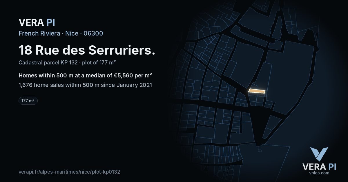 18 Rue des Serruriers, Nice at night – the plot lit, the parcels around coloured by the prices near them