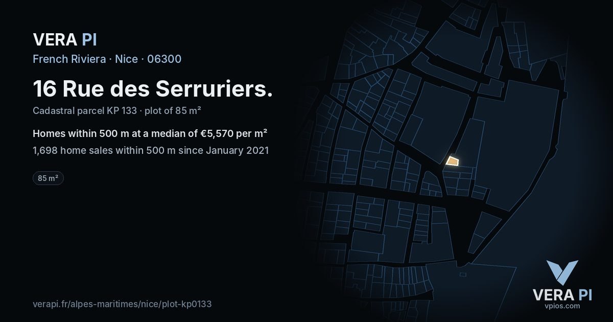 16 Rue des Serruriers, Nice at night – the plot lit, the parcels around coloured by the prices near them