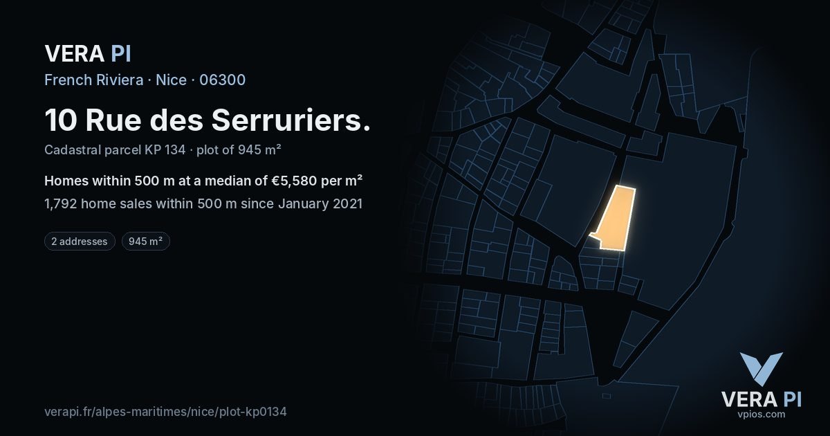 10 Rue des Serruriers, Nice at night – the plot lit, the parcels around coloured by the prices near them