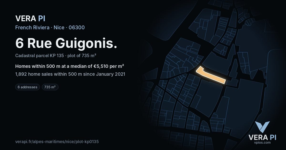 6 Rue Guigonis, Nice at night – the plot lit, the parcels around coloured by the prices near them