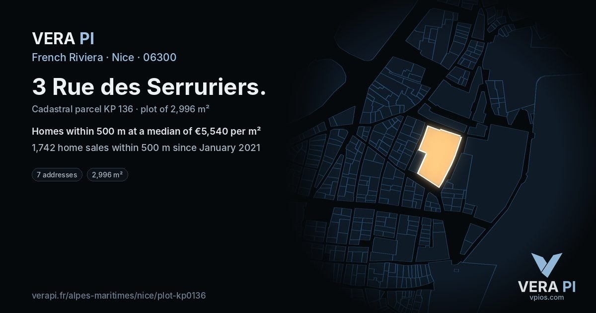3 Rue des Serruriers, Nice at night – the plot lit, the parcels around coloured by the prices near them