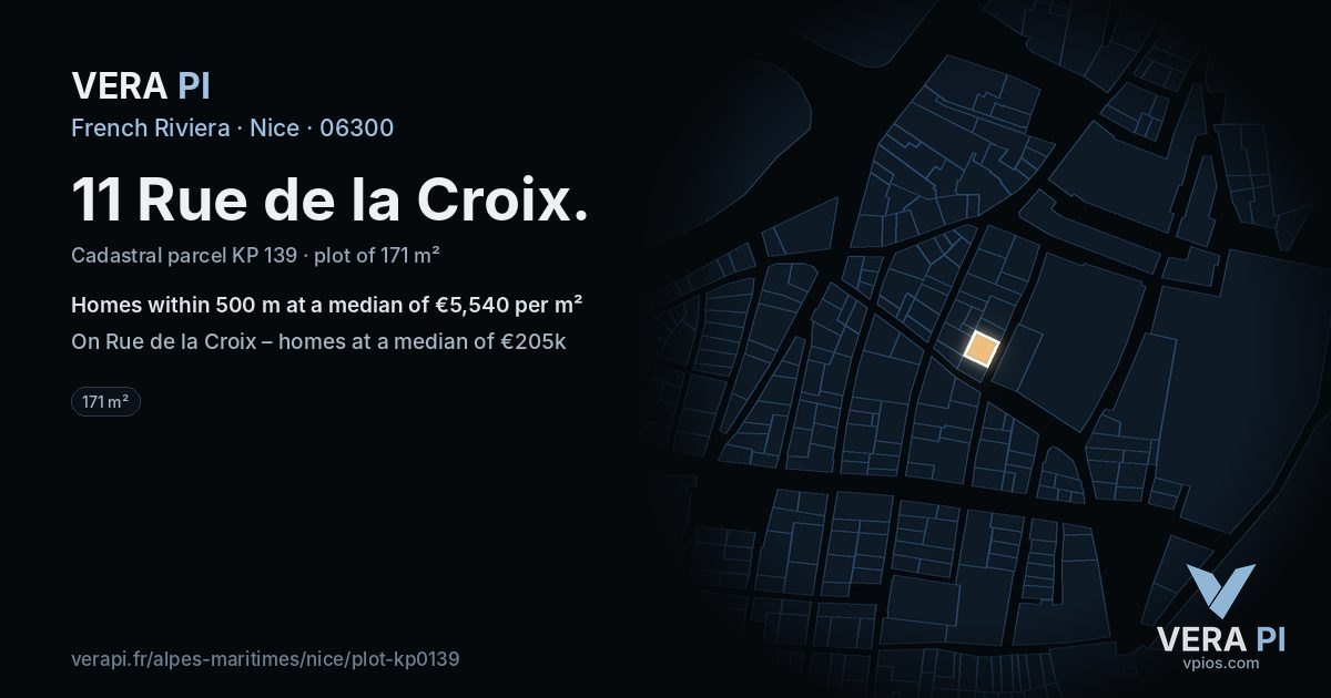 11 Rue de la Croix, Nice at night – the plot lit, the parcels around coloured by the prices near them