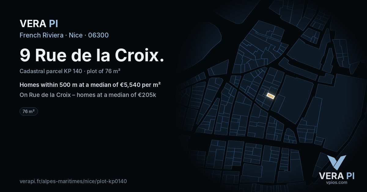 9 Rue de la Croix, Nice at night – the plot lit, the parcels around coloured by the prices near them