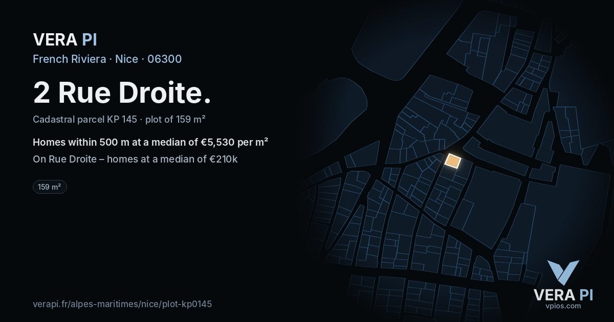 2 Rue Droite, Nice at night – the plot lit, the parcels around coloured by the prices near them