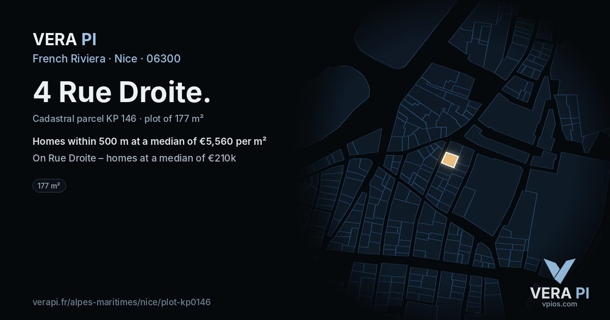 4 Rue Droite, Nice at night – the plot lit, the parcels around coloured by the prices near them