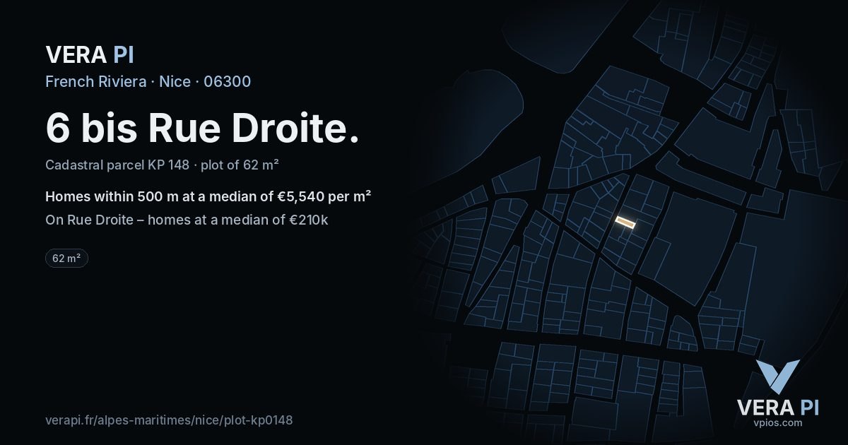 6 bis Rue Droite, Nice at night – the plot lit, the parcels around coloured by the prices near them