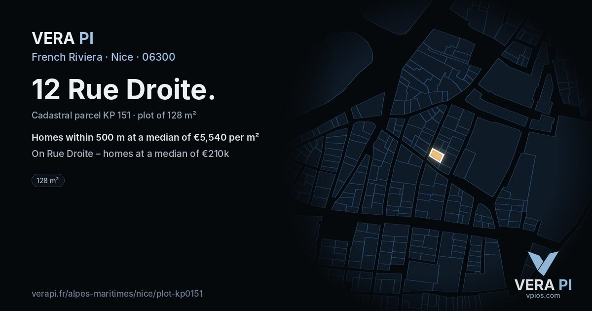 12 Rue Droite, Nice at night – the plot lit, the parcels around coloured by the prices near them