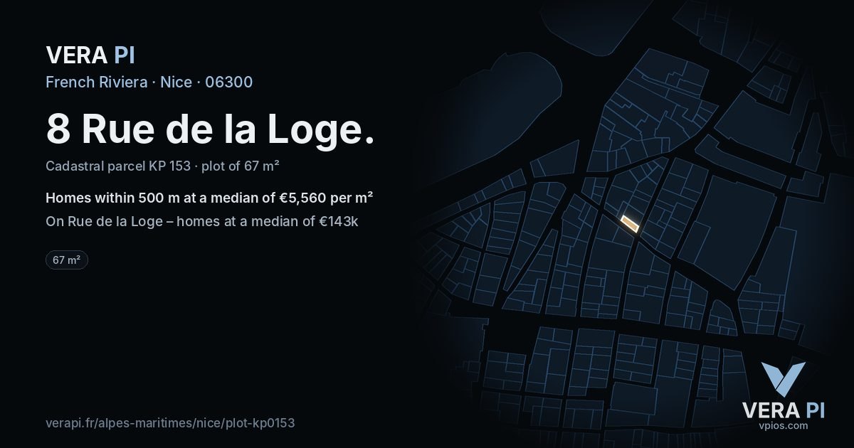 8 Rue de la Loge, Nice at night – the plot lit, the parcels around coloured by the prices near them