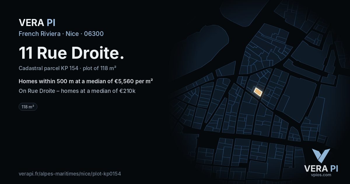 11 Rue Droite, Nice at night – the plot lit, the parcels around coloured by the prices near them