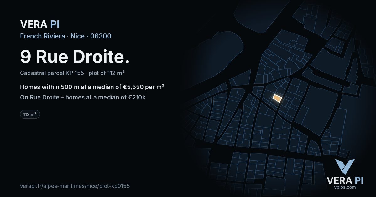 9 Rue Droite, Nice at night – the plot lit, the parcels around coloured by the prices near them