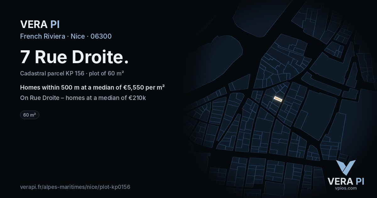 7 Rue Droite, Nice at night – the plot lit, the parcels around coloured by the prices near them