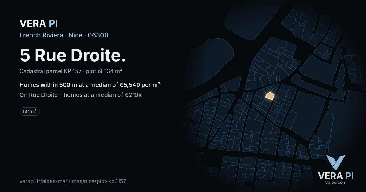 5 Rue Droite, Nice at night – the plot lit, the parcels around coloured by the prices near them