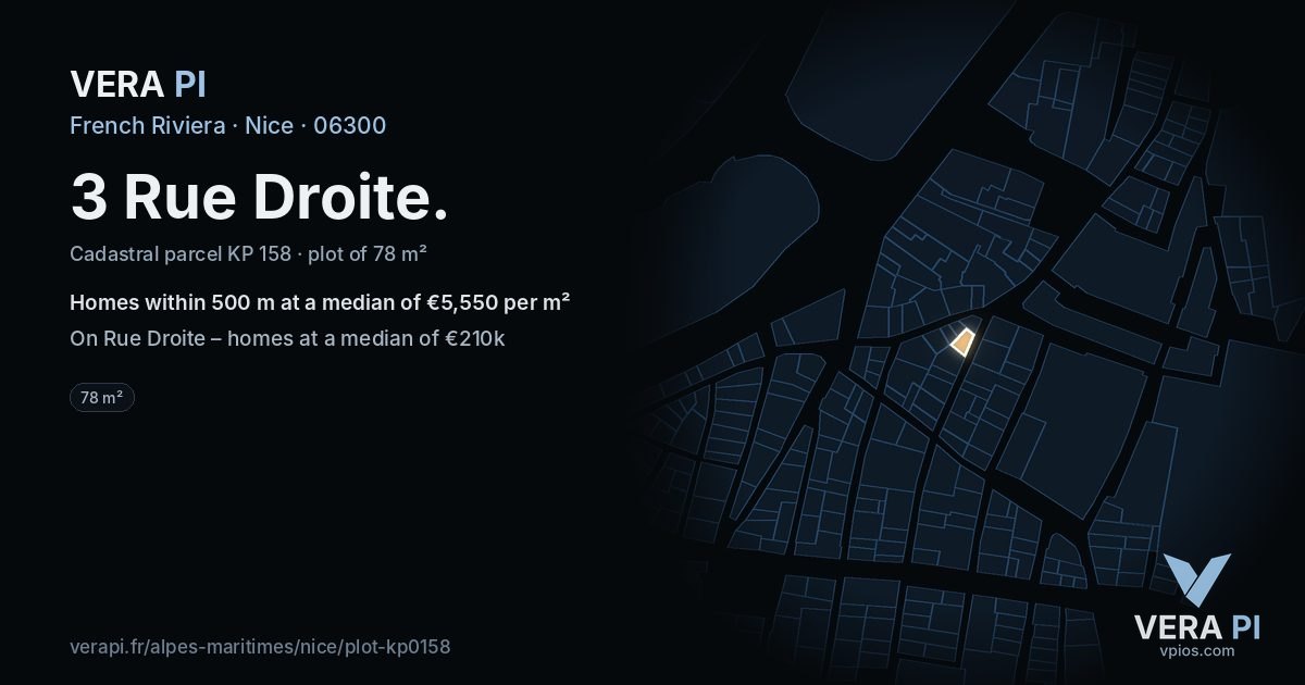 3 Rue Droite, Nice at night – the plot lit, the parcels around coloured by the prices near them