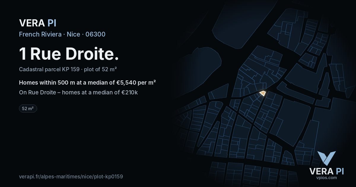 1 Rue Droite, Nice at night – the plot lit, the parcels around coloured by the prices near them