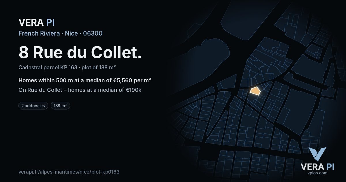 8 Rue du Collet, Nice at night – the plot lit, the parcels around coloured by the prices near them