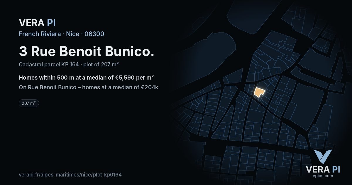3 Rue Benoit Bunico, Nice at night – the plot lit, the parcels around coloured by the prices near them