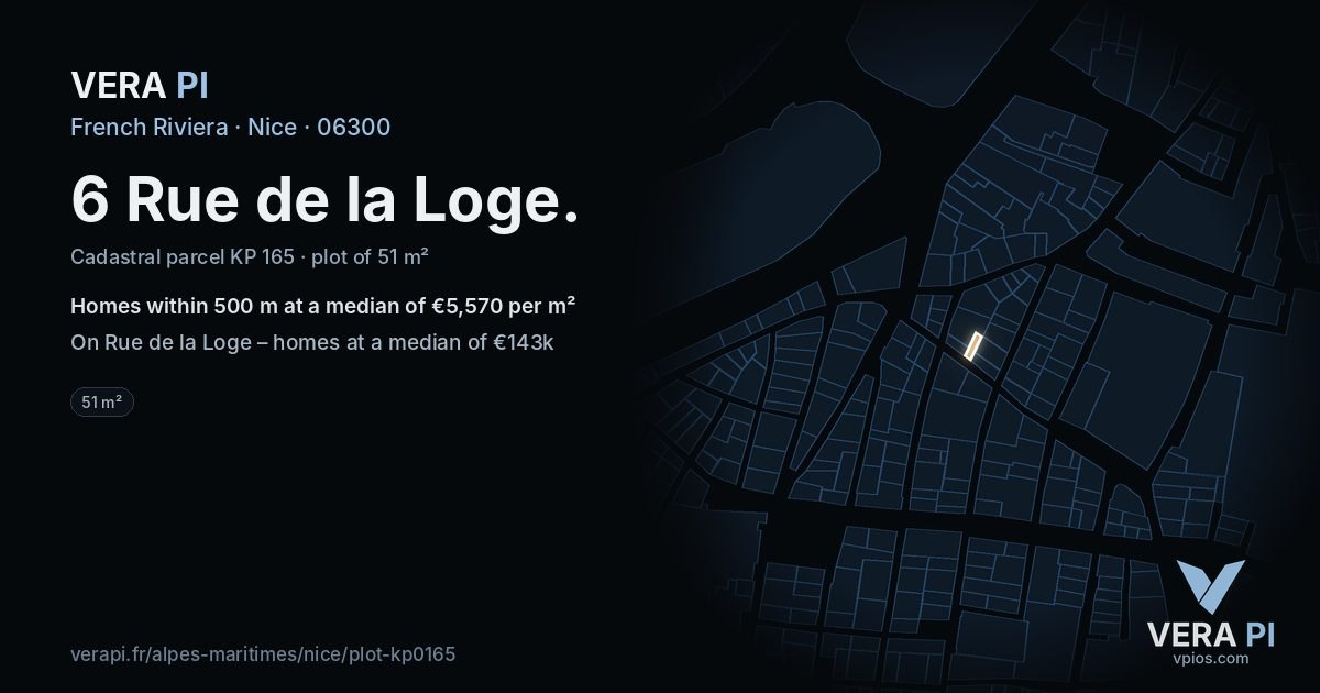 6 Rue de la Loge, Nice at night – the plot lit, the parcels around coloured by the prices near them