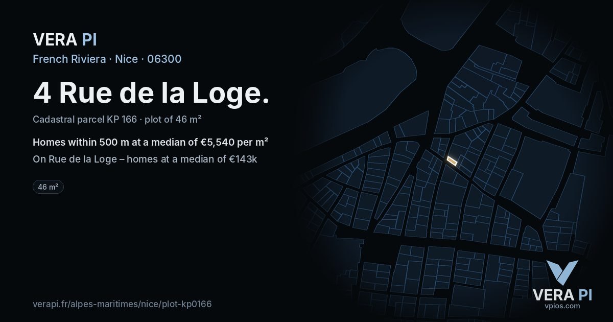 4 Rue de la Loge, Nice at night – the plot lit, the parcels around coloured by the prices near them