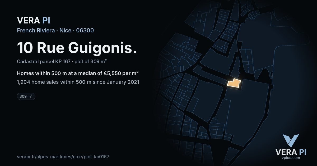 10 Rue Guigonis, Nice at night – the plot lit, the parcels around coloured by the prices near them