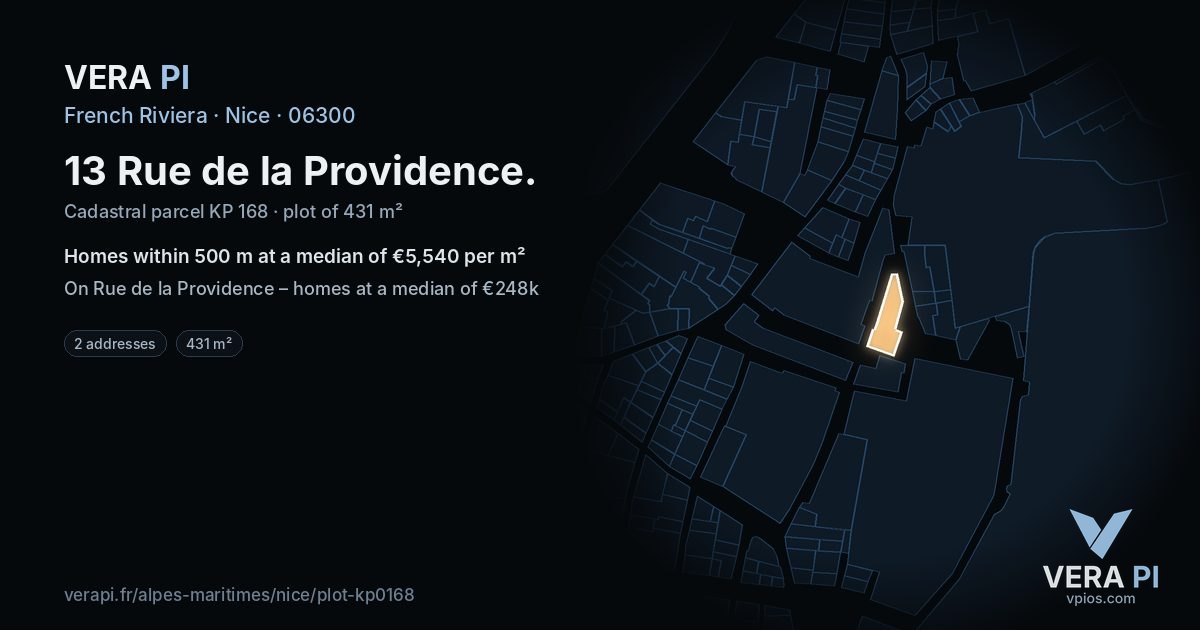 13 Rue de la Providence, Nice at night – the plot lit, the parcels around coloured by the prices near them