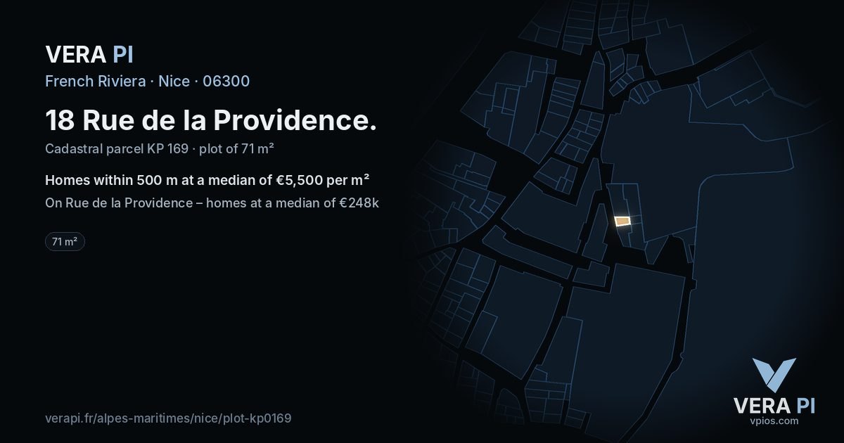 18 Rue de la Providence, Nice at night – the plot lit, the parcels around coloured by the prices near them